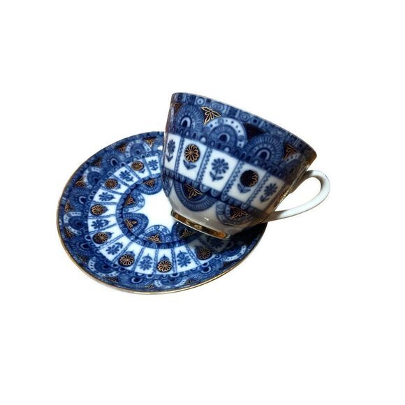Vintage Lomonsov Tea Cup and Saucer Set Cobalt Blue Gold Arches - Picture 2 of 4